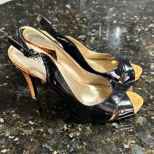 Guess Glossy Black Leather and Tan Wood Heels